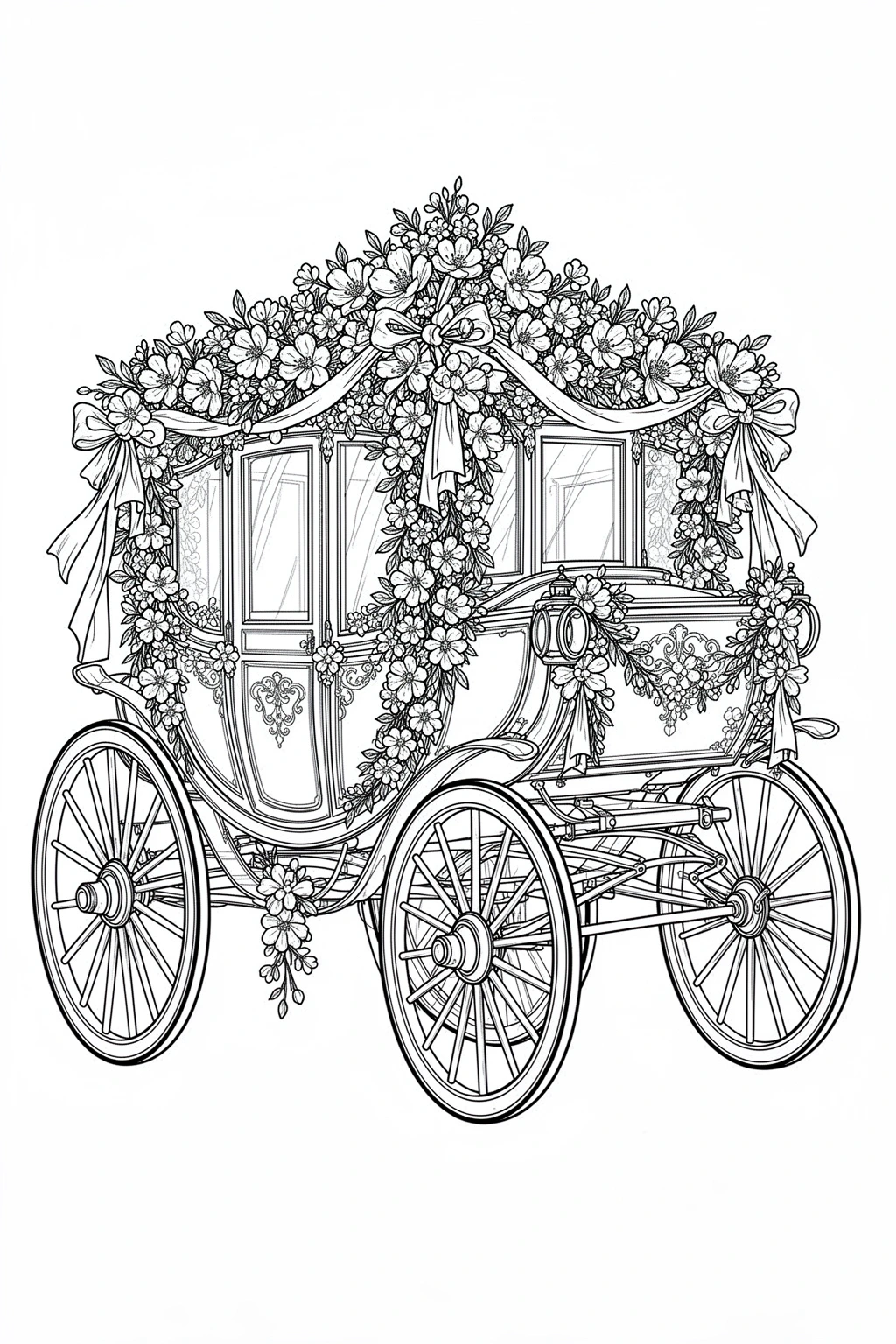 A horse-drawn carriage adorned with spring flowers in a fairytale style coloring page.