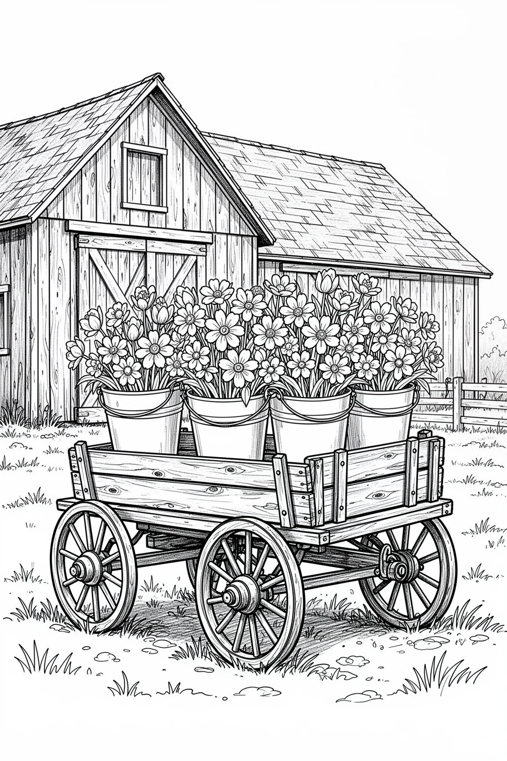 Free Spring Floral Wagon coloring page.