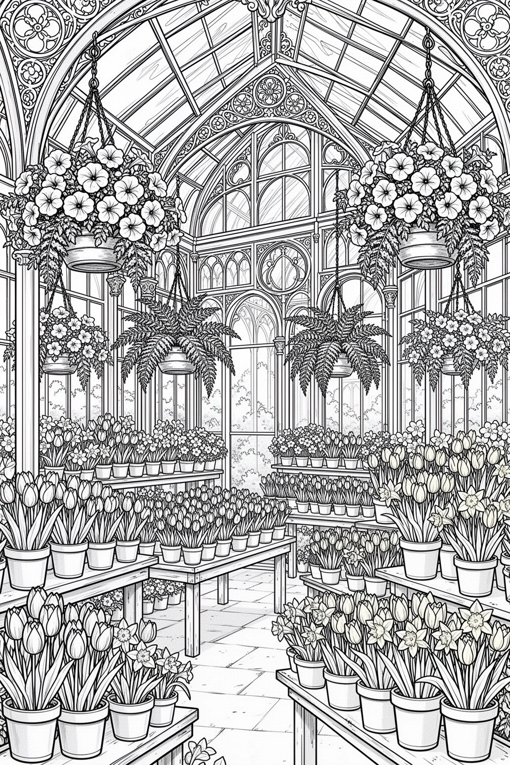 Free Spring Flower Market Greenhouse coloring page PDF.
