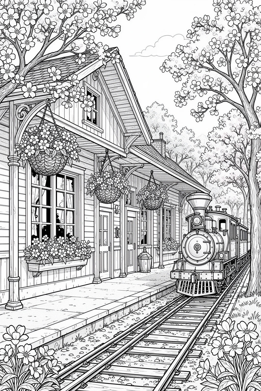Spring flower train station coloring page.