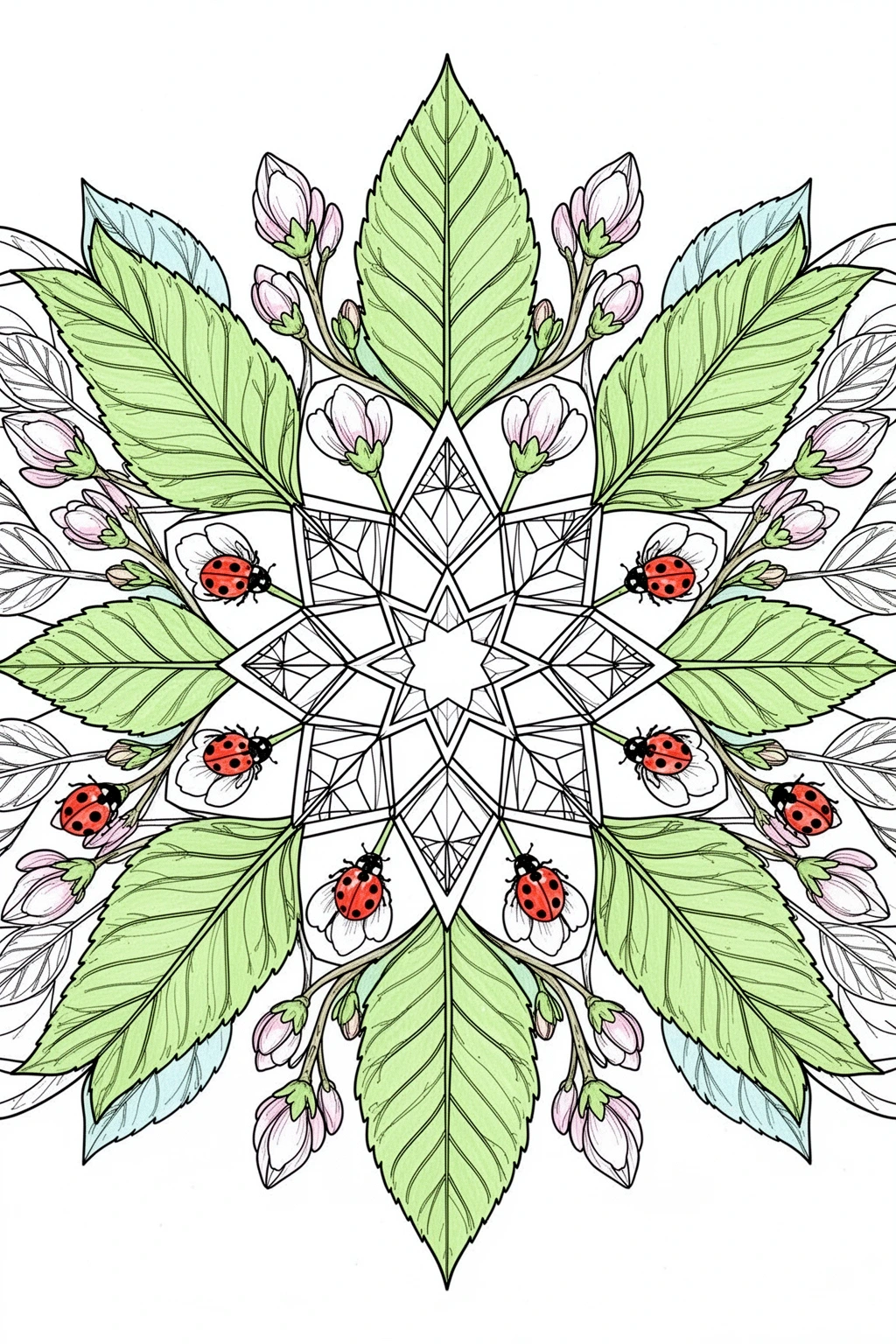 Ladybug and spring leaf mandala coloring page.