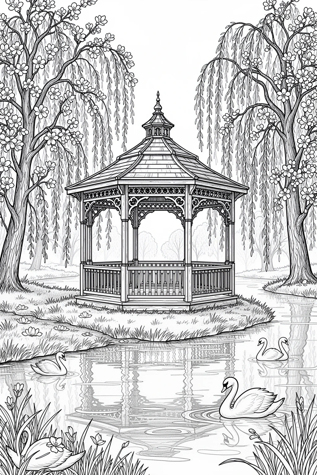 Spring gazebo by the river coloring page with blooming trees and calm waters.