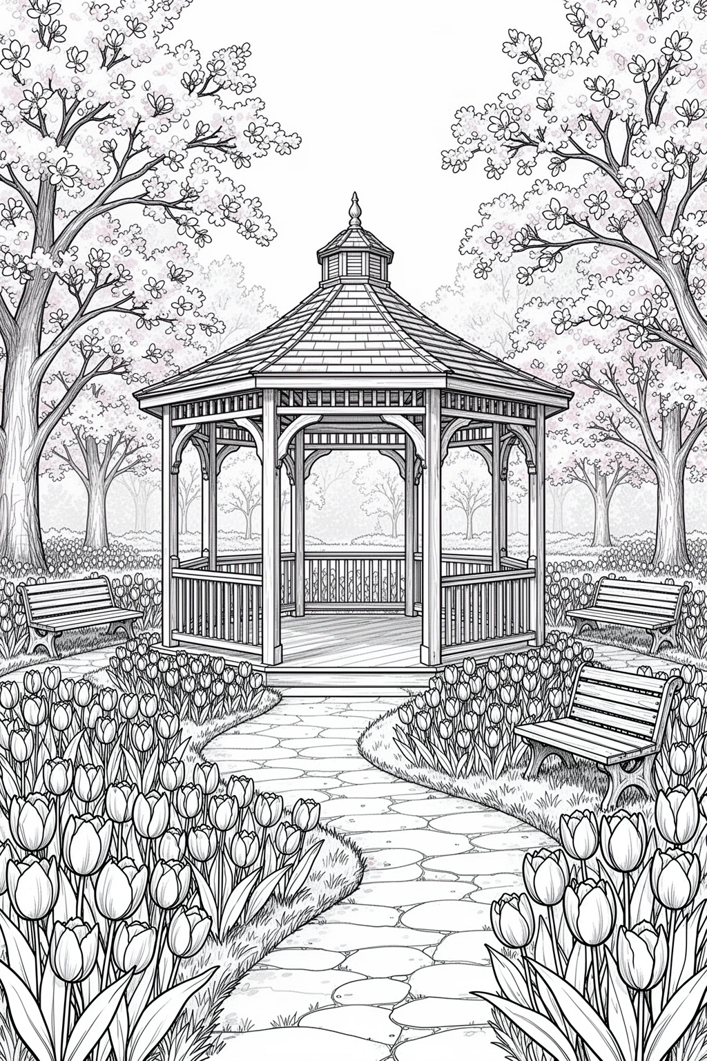Free tulip garden gazebo coloring page.
