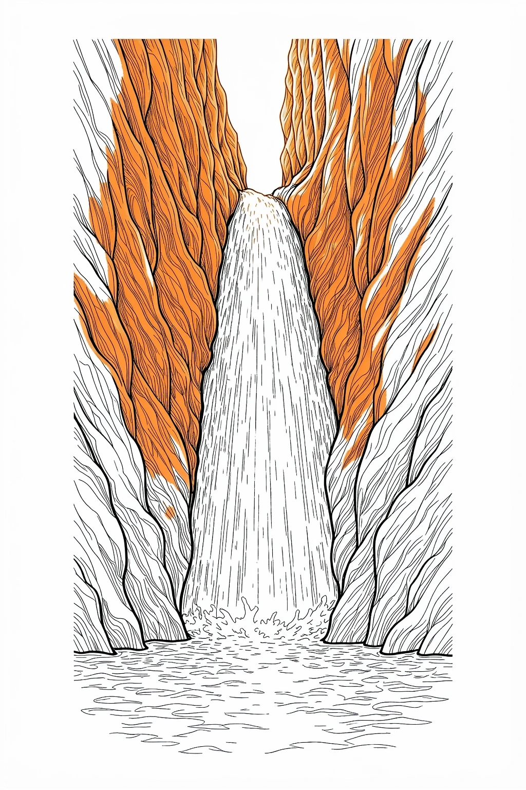 Black and white coloring page of tall waterfall flowing between steep rocky canyon walls with a river at the bottom