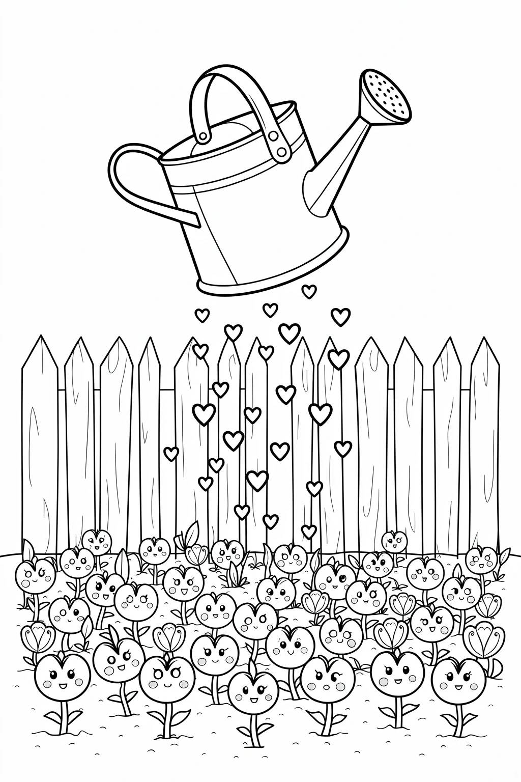 Black and white printable coloring page of a watering can watering a garden of cute smiling flowers behind a wooden fence, ideal for detailed coloring page, kids' coloring page, printable coloring