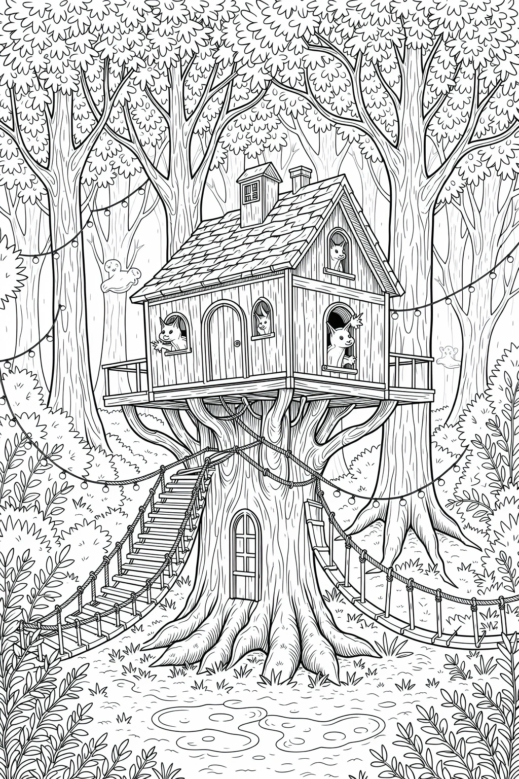 Black and white coloring page of whimsical treehouse in a forest with small animals looking out of the windows, rope bridges, and tall trees around it