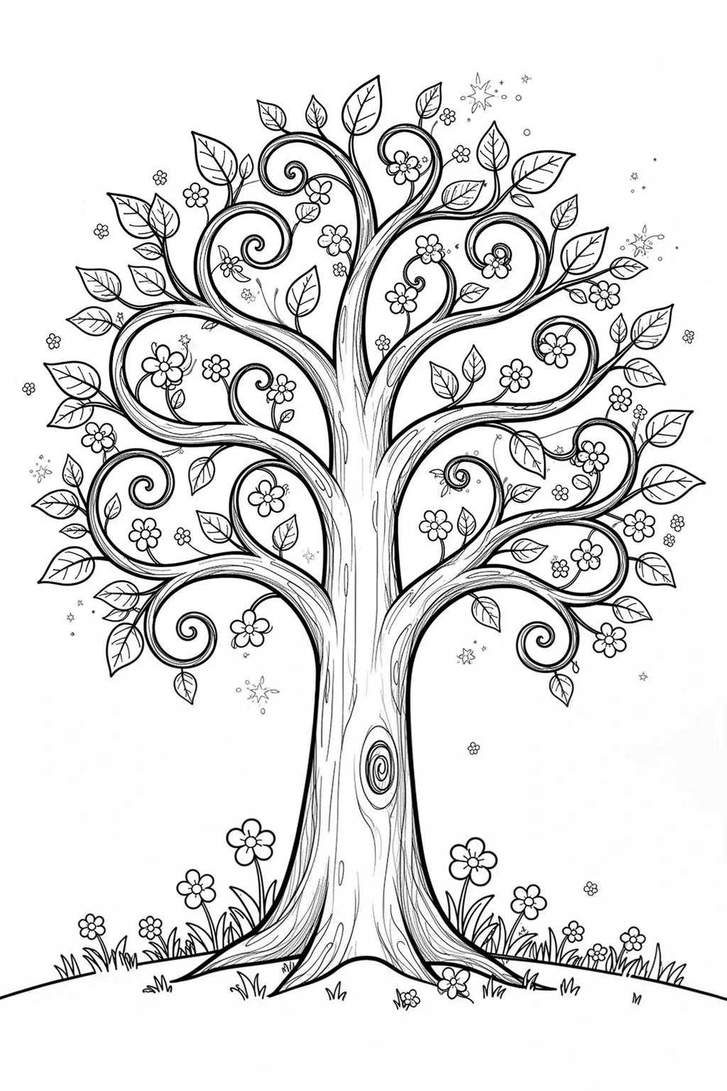 Whimsical tree coloring page with curling branches and playful leaves in a dreamy storybook woodland style.