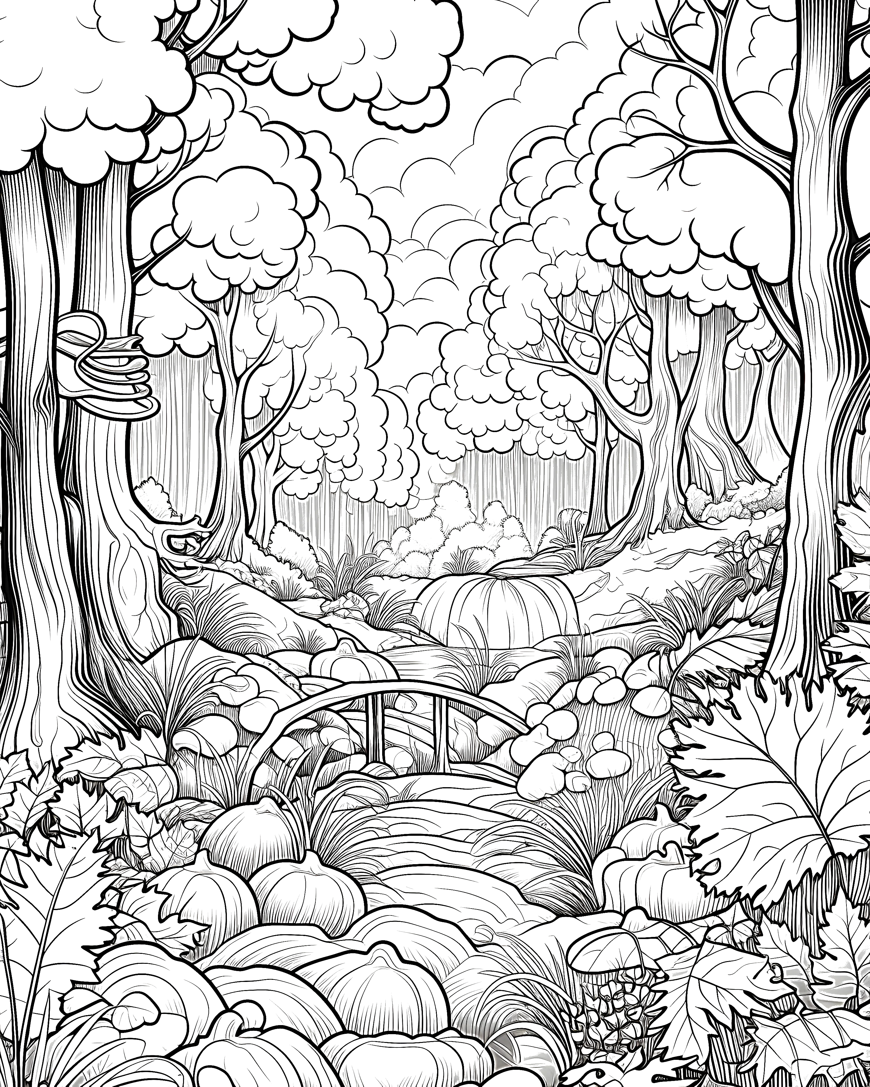Detailed black-and-white coloring page of a woodland forest scene with tall trees, pumpkins, plants, and a small bridge over a stream.