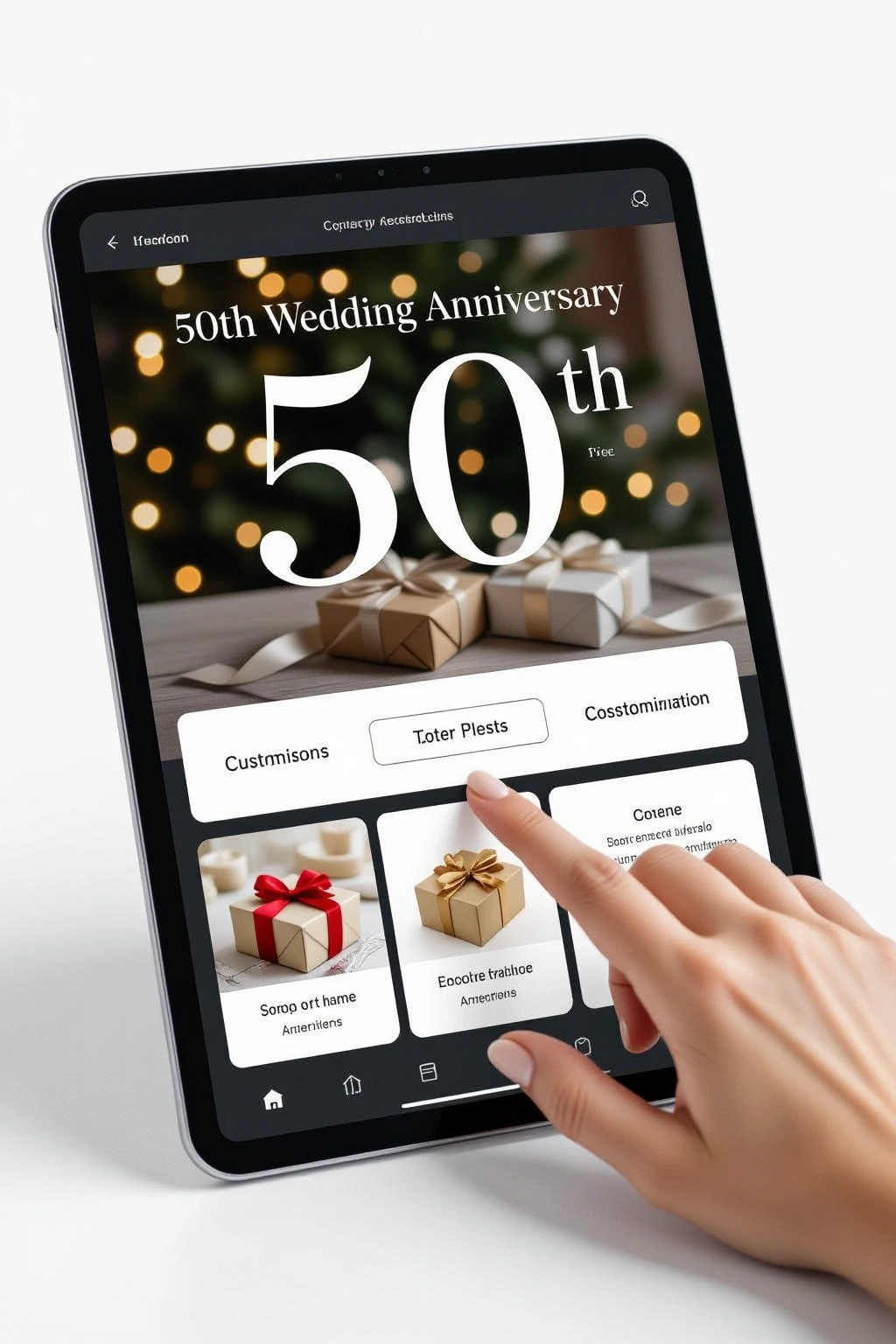 Black and white coloring page of tablet screen showing a 50th wedding anniversary celebration with gift boxes and a large number 50