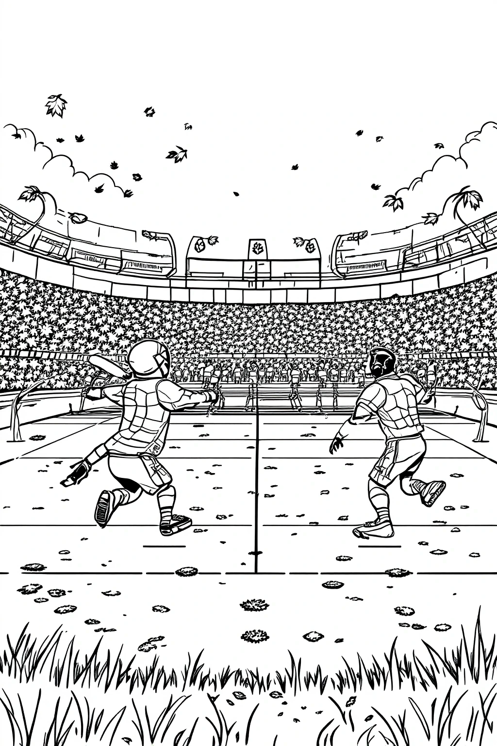 Black and white coloring page of two American football players running on a field inside a crowded stadium with leaves falling overhead