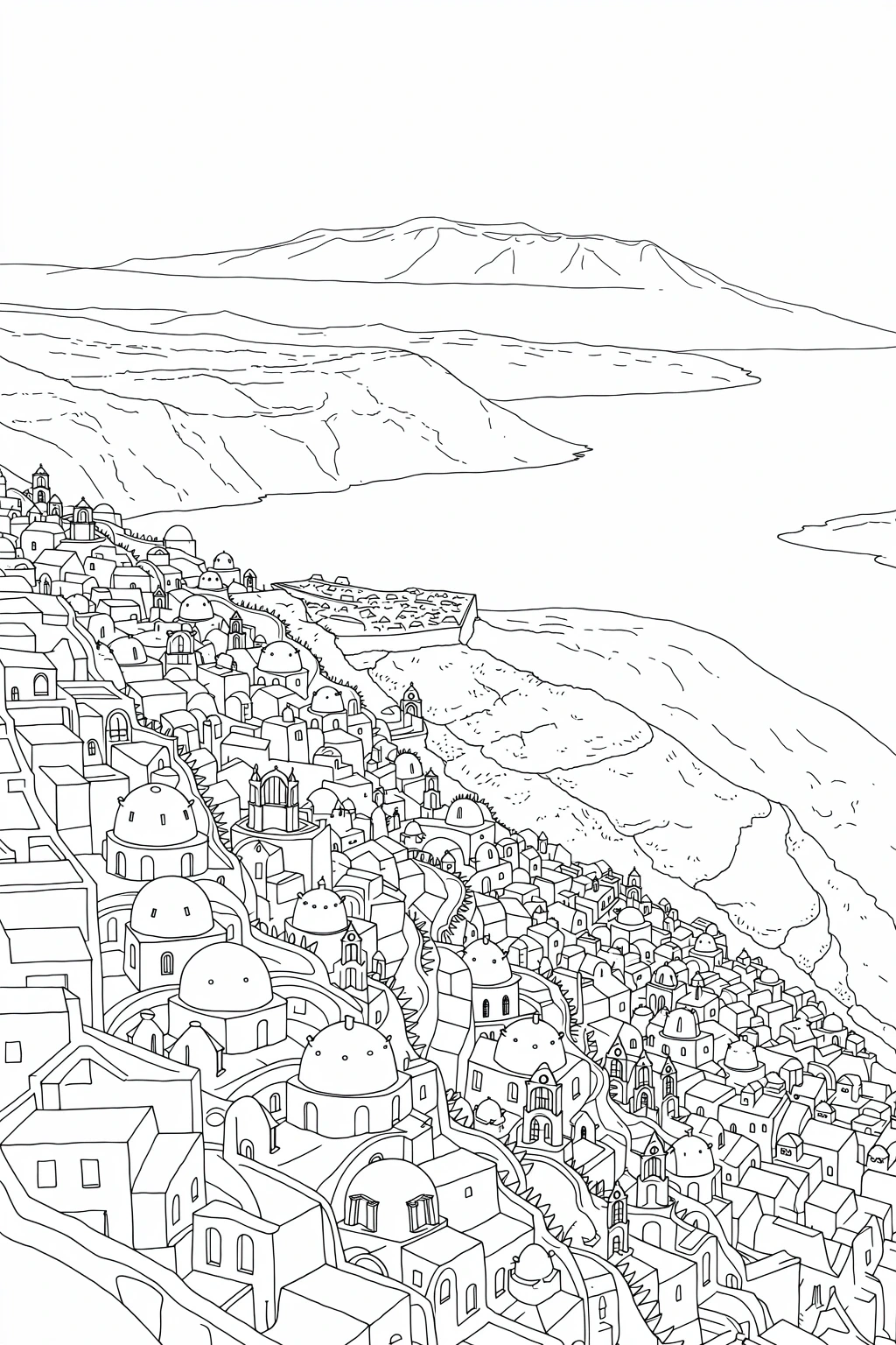 Detailed coloring page of a coastal hillside town with domed buildings overlooking the sea and distant cliffs.