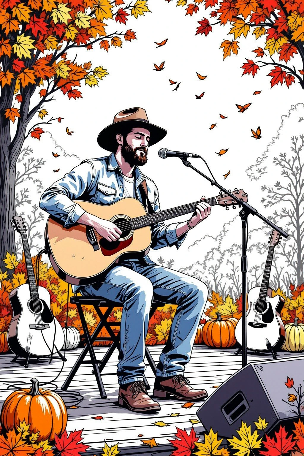Black and white coloring page of country singer wearing a hat plays an acoustic guitar and sings into a microphone on an outdoor autumn stage with falling leaves and pumpkins