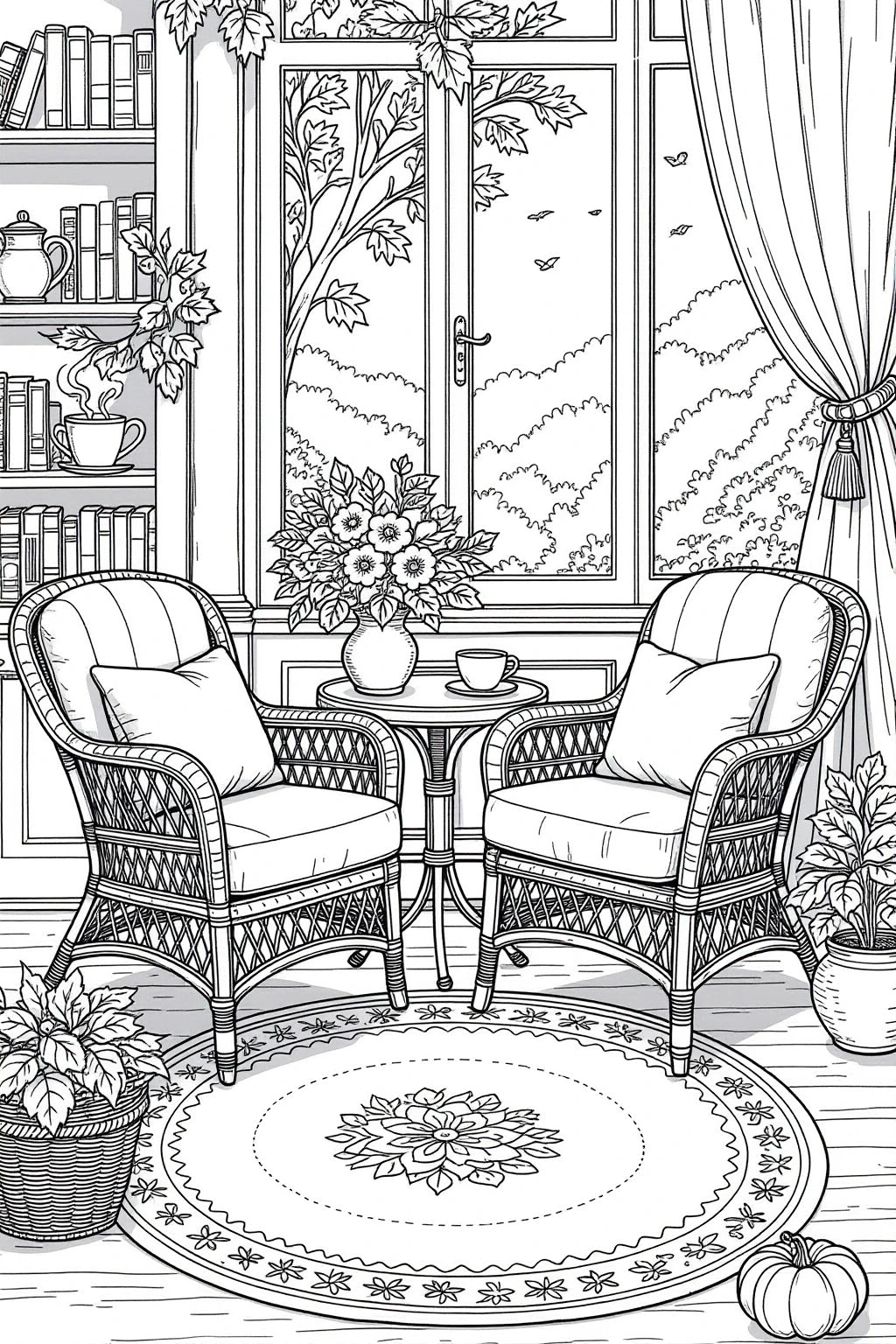 Black and white coloring page of two cushioned chairs in a cozy reading nook with bookshelves, plants, a round table, a window view, and a patterned rug to color