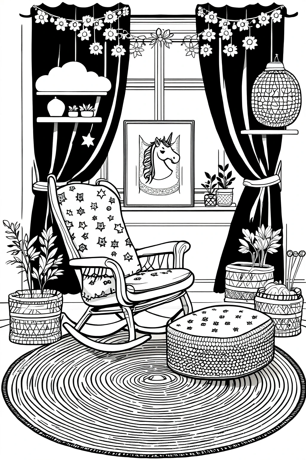 Black and white coloring page of detailed cozy room interior with a rocking chair, patterned rug, curtains, plants, shelves, and a framed unicorn picture on the wall