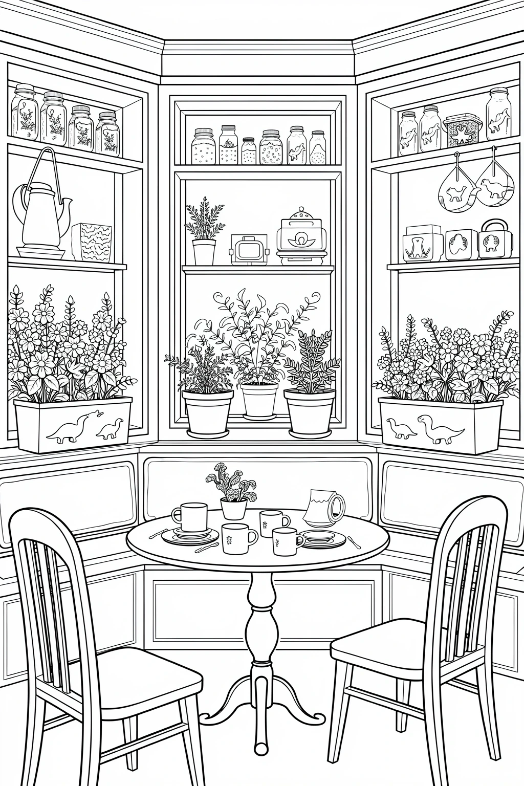 Detailed coloring page of a cozy tea room interior with shelves of jars and plants, a round table with teacups, and two chairs in the foreground.