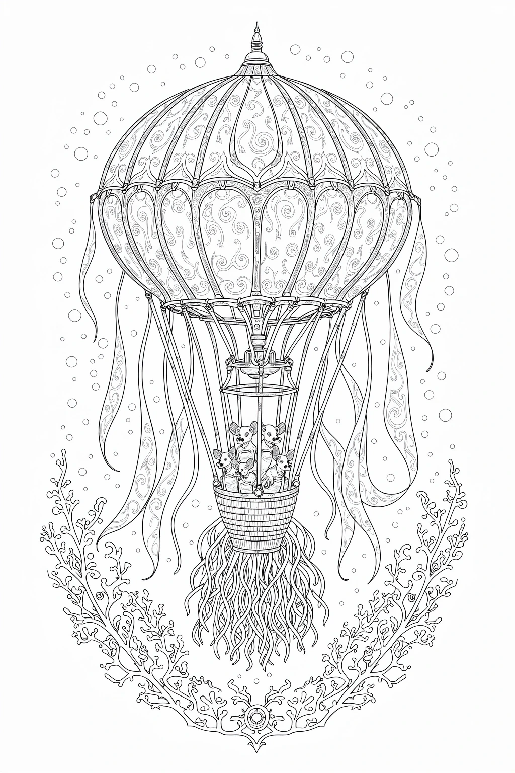 Intricate coloring page of a decorative hot air balloon with ribbon-like streamers, small mice in the basket, and coral-like shapes below.