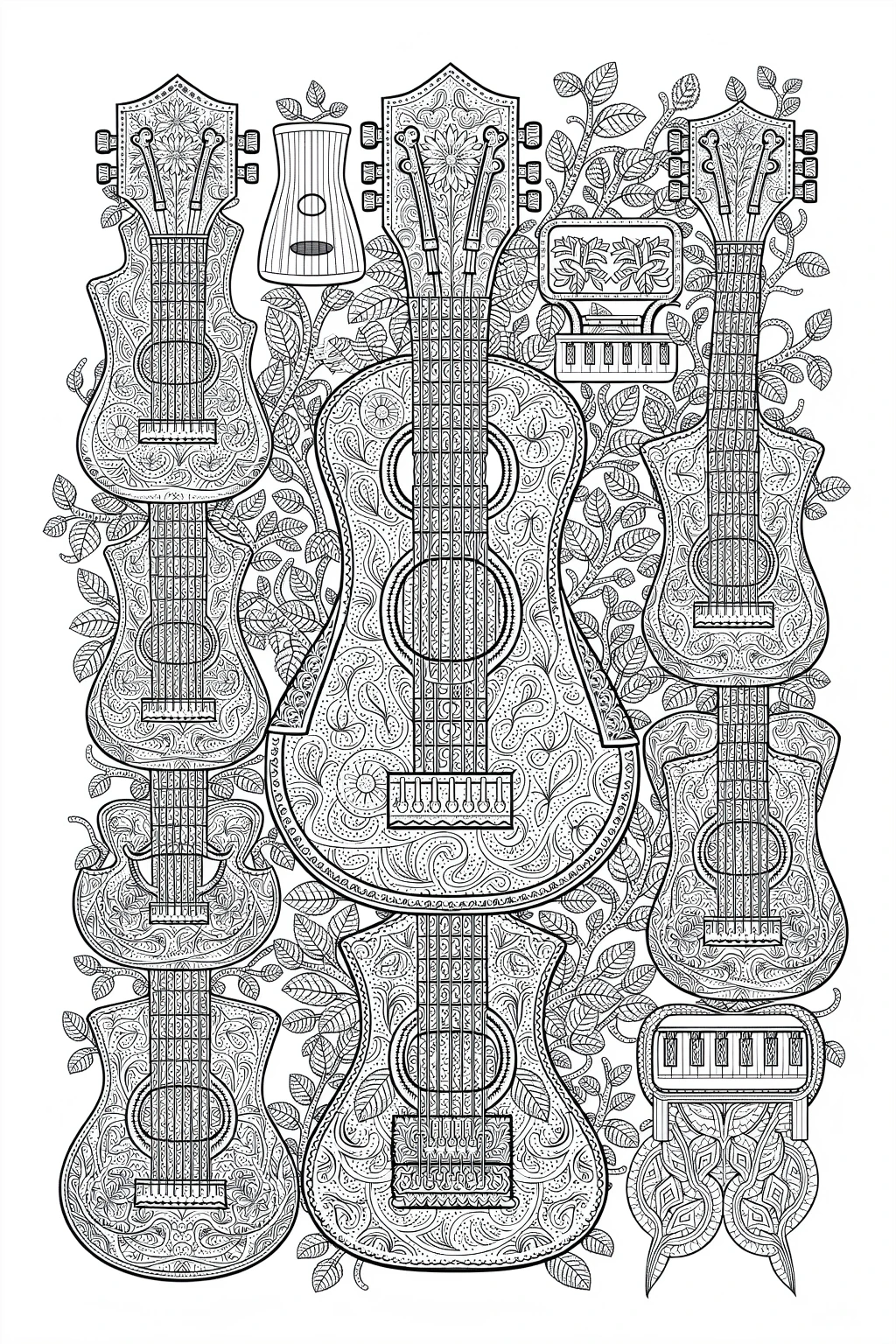 A detailed coloring page of several guitars and a small keyboard surrounded by decorative leaves and floral patterns.
