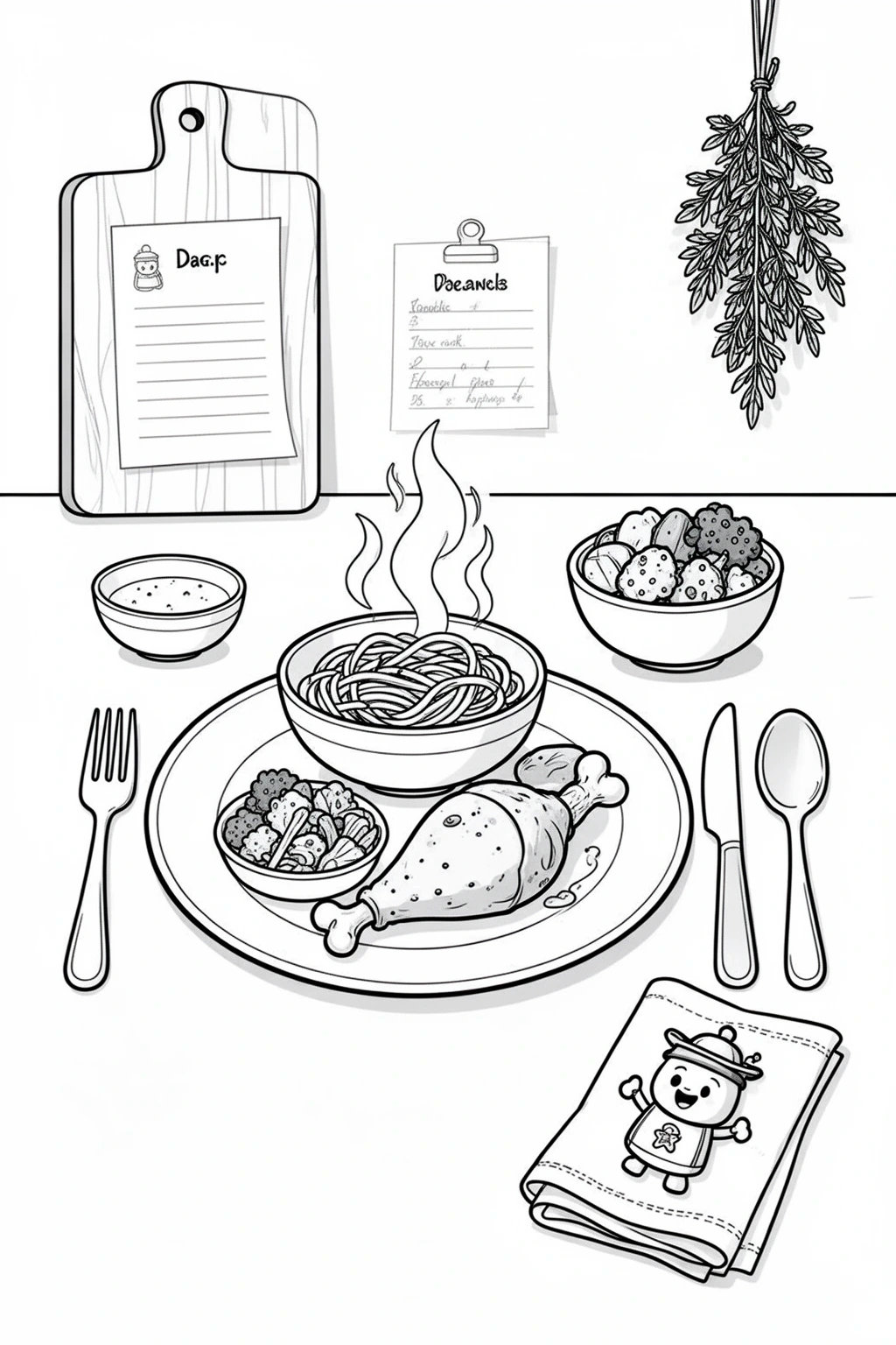 Easy dinner recipes coloring page featuring a simple family dinner plate, veggies side, and recipe-card kitchen details.
