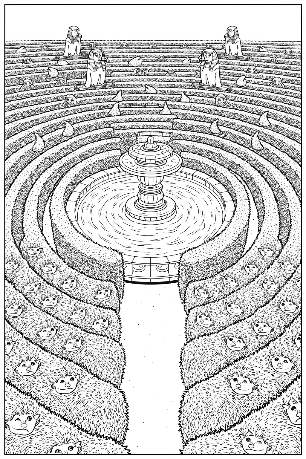 Intricate coloring page of a maze-like garden with a central fountain and multiple Egyptian-style sphinx statues.