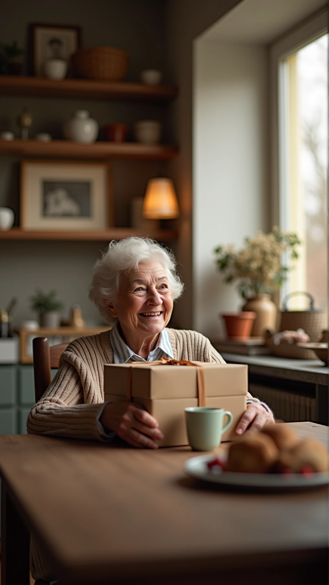 Black and white coloring page of elderly woman smiling while holding a wrapped gift box at a table in a cozy home interior