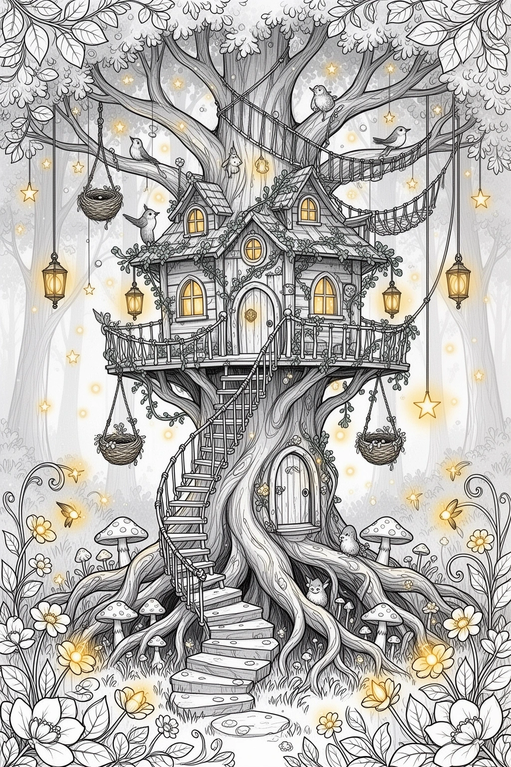 Detailed coloring page of an enchanted treehouse built into a large tree, with rope bridges, hanging lanterns, birds, flowers, and mushrooms around the base.