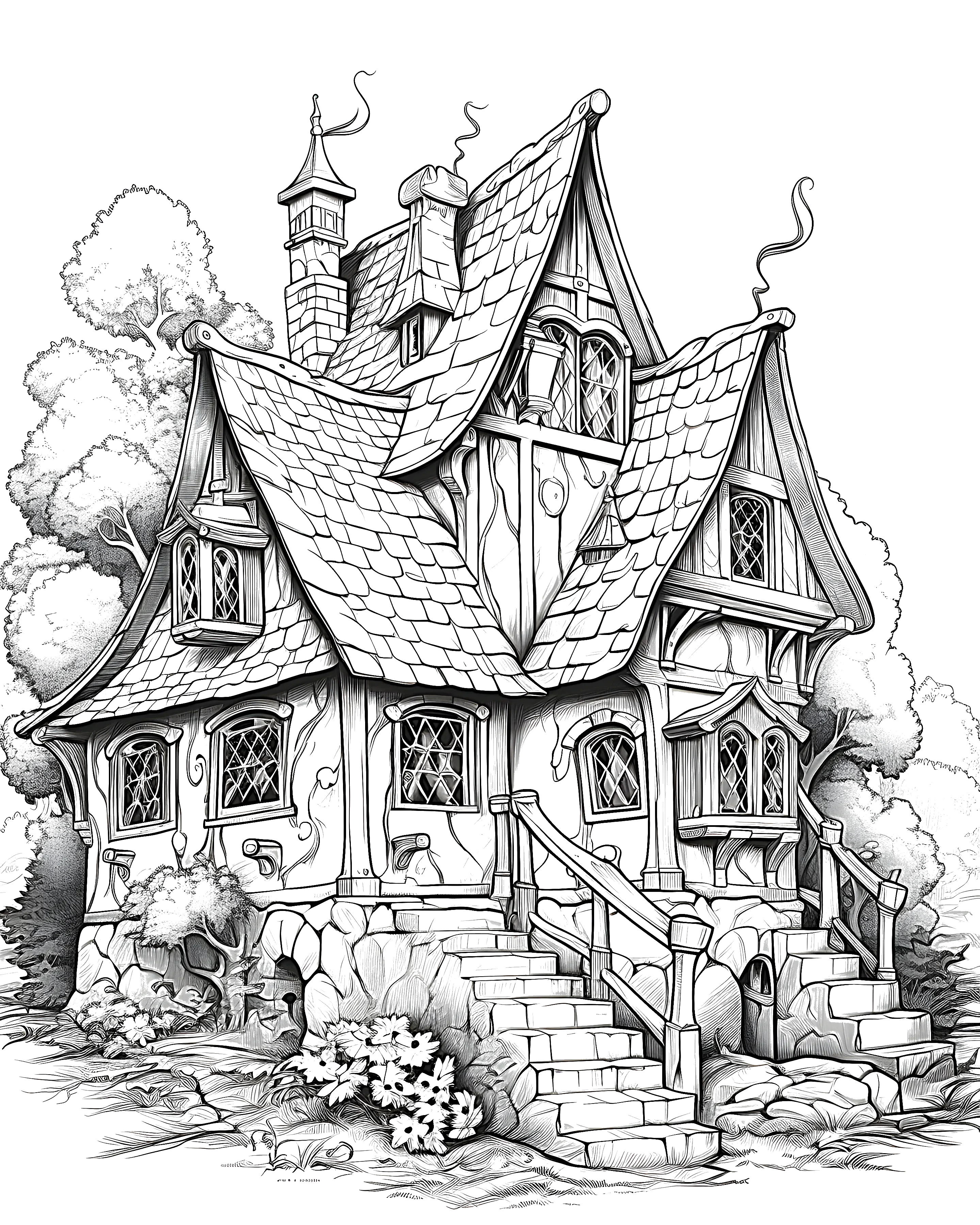 Black and white coloring page of detailed fairy tale cottage house with steep roofs, tall windows, steps, trees, and garden plants in black-and-white line art