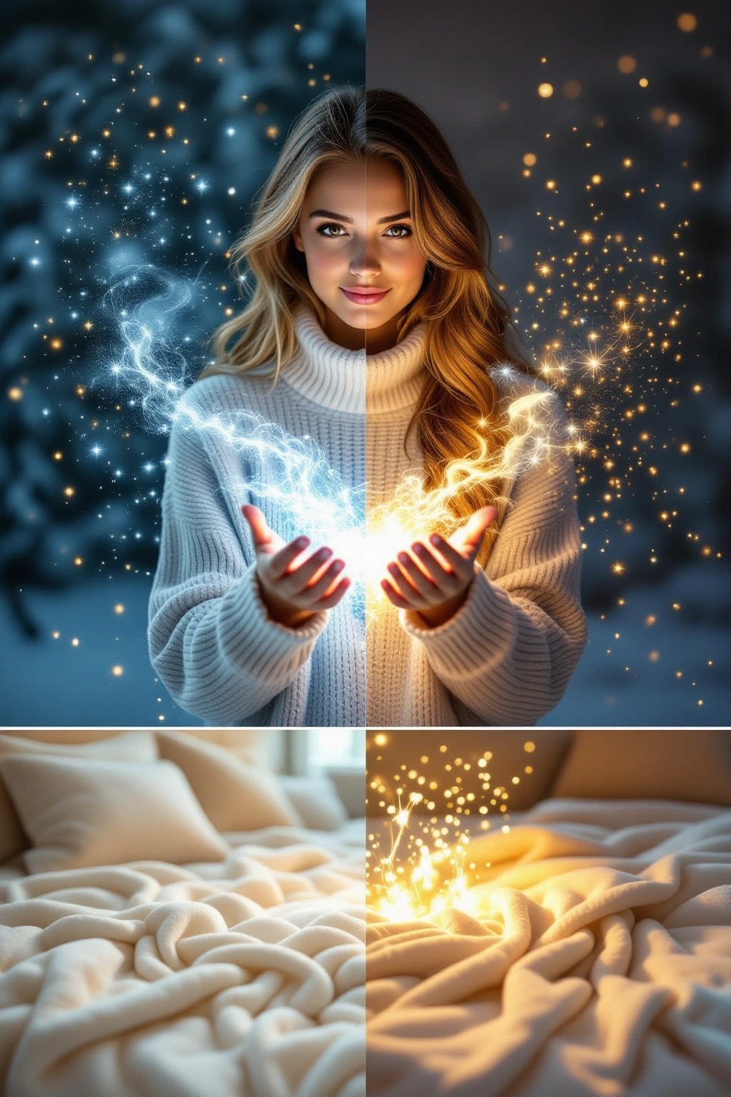 Black and white coloring page of woman in a sweater holding glowing blue and gold magical light, shown in a fantasy-style portrait with sparkles