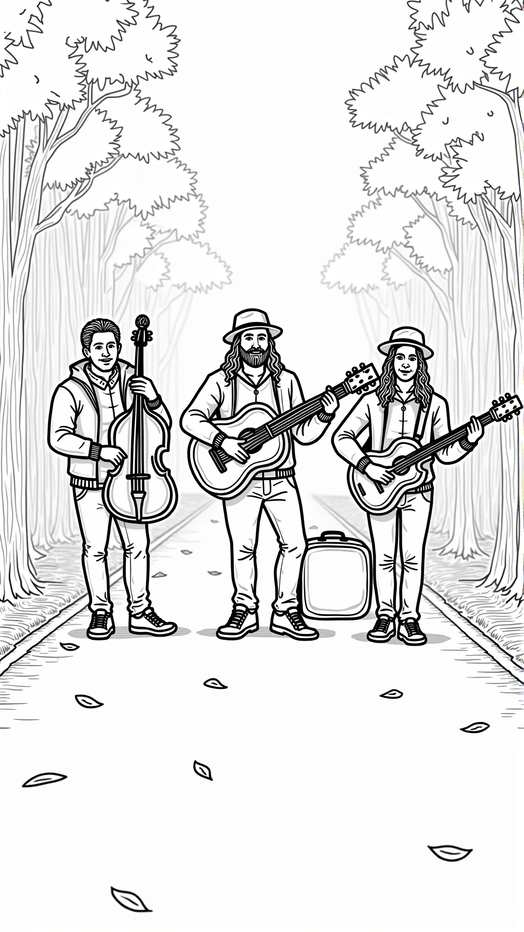 Black and white coloring page of three folk musicians standing on a forest path, one playing upright bass and two playing guitars, with tall trees in the background