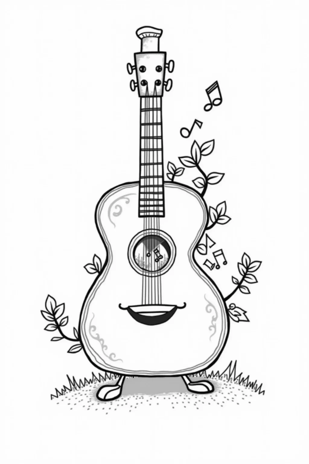 Free Playful Guitar & Music Notes Coloring Page printable black and white coloring sheet.