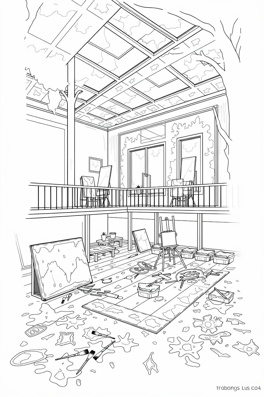 Black-and-white printable coloring page of a creative art studio interior with easels, paint brushes, paint splatters, tables, and balcony railings.
