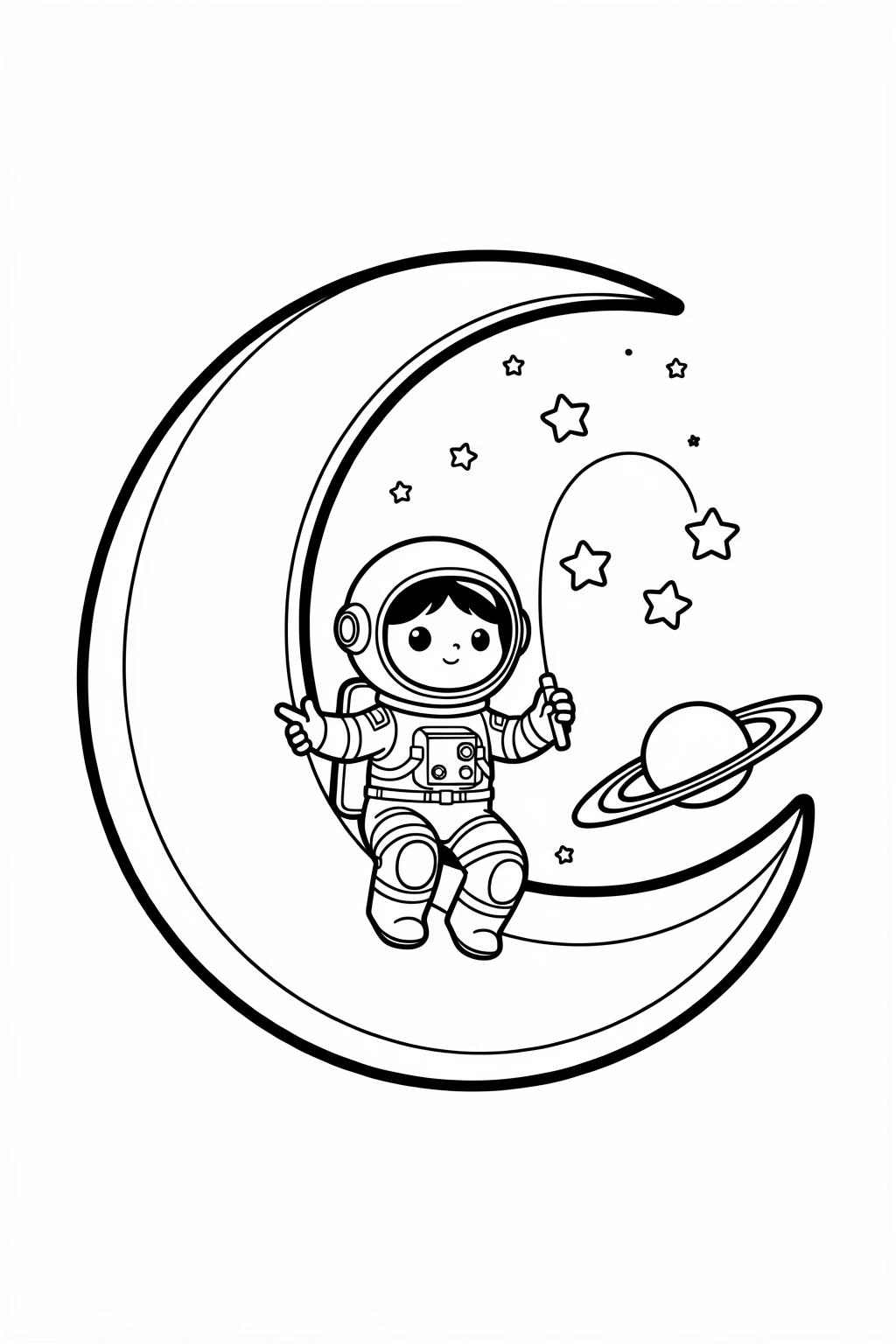 Cute astronaut sitting on a crescent moon surrounded by stars and a ringed planet printable coloring page, a detailed coloring page and kids' coloring page for a printable coloring page and free