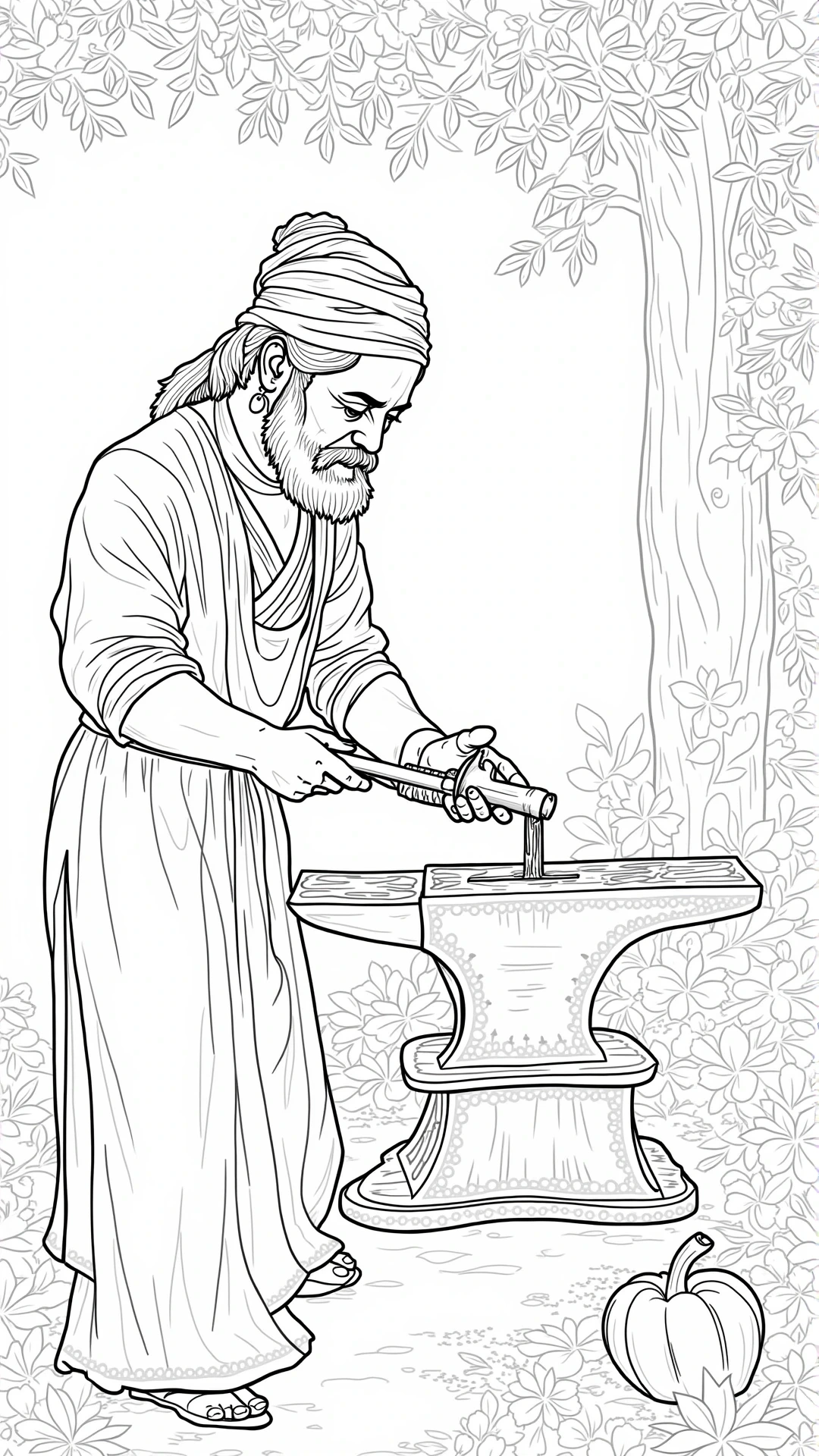 Black-and-white people coloring page of a historic blacksmith working at an anvil outdoors with leaves and a pumpkin detailed coloring page, kids' coloring page, printable coloring page and coloring