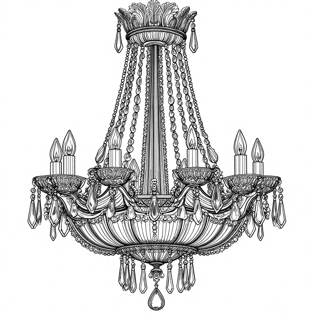 Intricate chandelier line art detailed coloring page featuring elegant chandelier suitable for kids' coloring page and adult printable coloring page; high-detail coloring sheets for relaxing coloring