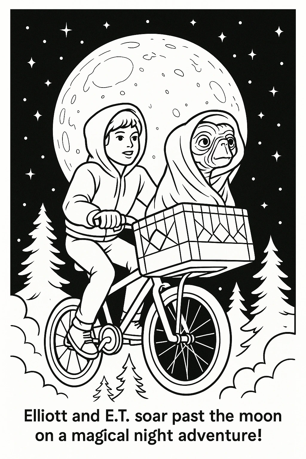 Black-and-white printable coloring sheet of a child on a bicycle carrying an alien in a basket flying past a large moon and stars; includes trees below. Great for detailed coloring page, kids'