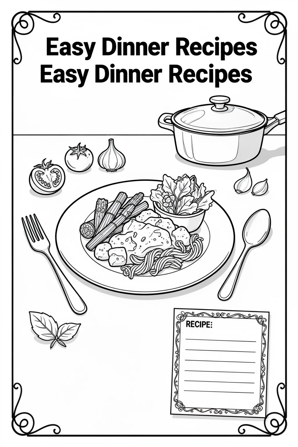 Easy Dinner Recipes coloring page | Simple Plate & Recipe Card.