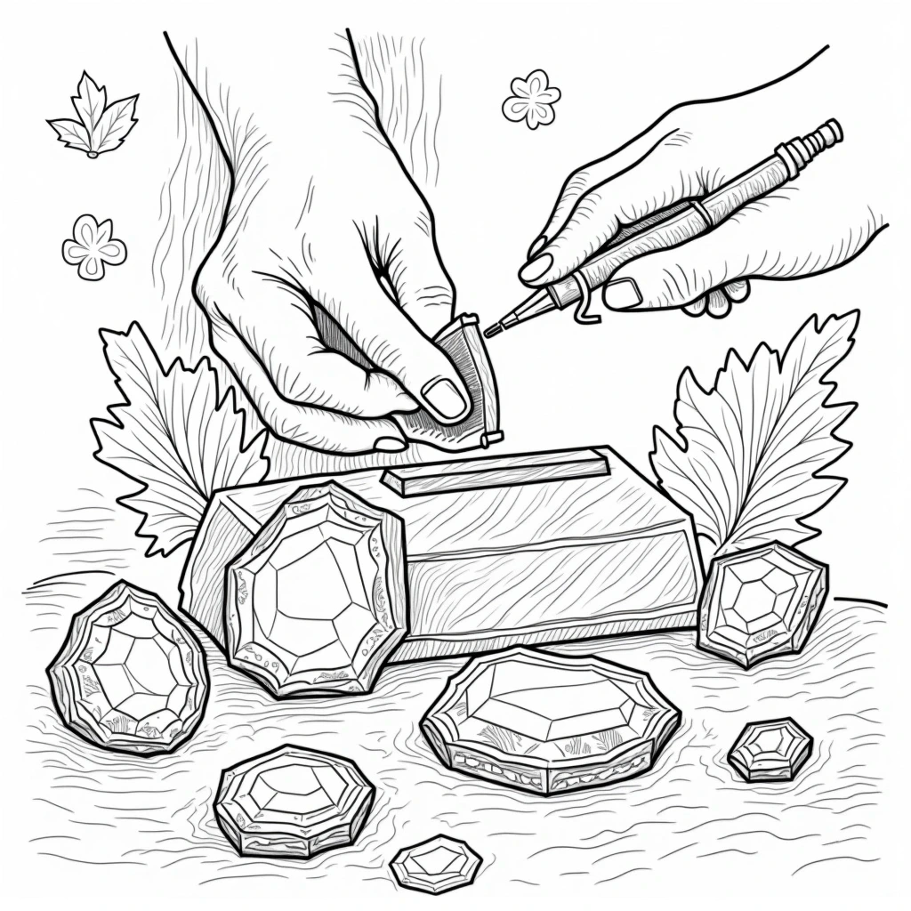 Black-and-white coloring page showing hands engraving a gem with tools surrounded by cut gemstones and leaves detailed coloring page, kids' coloring page, printable coloring page, and coloring sheets.