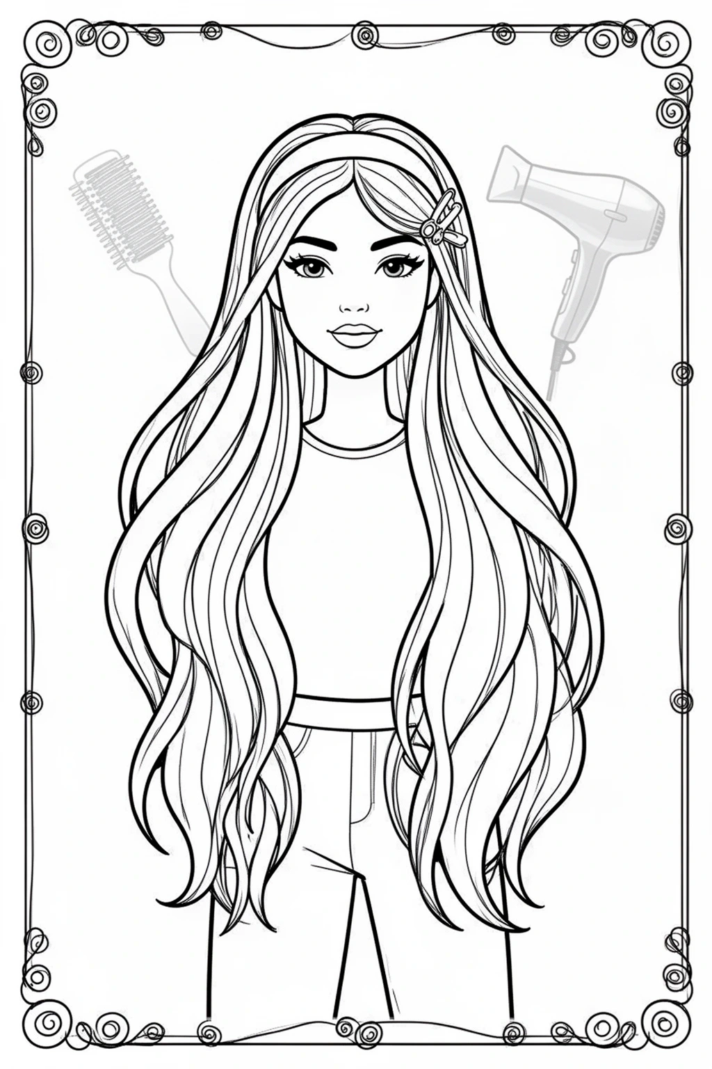 Hair coloring page | Long Flowing Hair & Accessories.