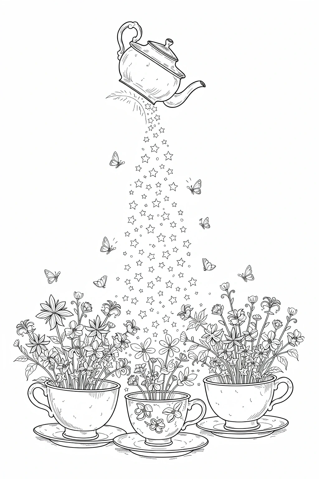 Black and white printable coloring page showing a teapot pouring stars into three flower-filled teacups with butterflies and blossoms, a whimsical floral scene for detailed coloring page, kids'
