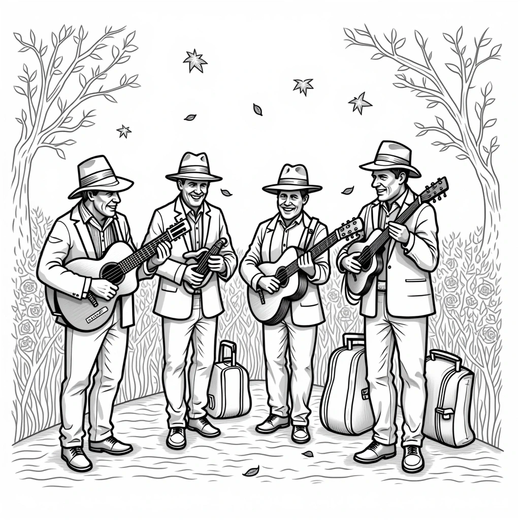Black-and-white line art of four people playing guitars outdoors surrounded by leaves and trees a detailed coloring page scene that works as kids' coloring page, printable coloring page, and coloring