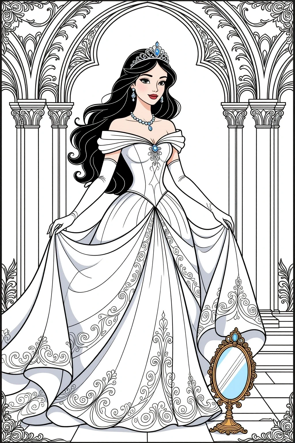 Elegant princess standing in a royal palace interior with ornate arches, a flowing detailed gown, jewelry, and a decorative mirror, designed as detailed coloring page, kids' coloring page, printable