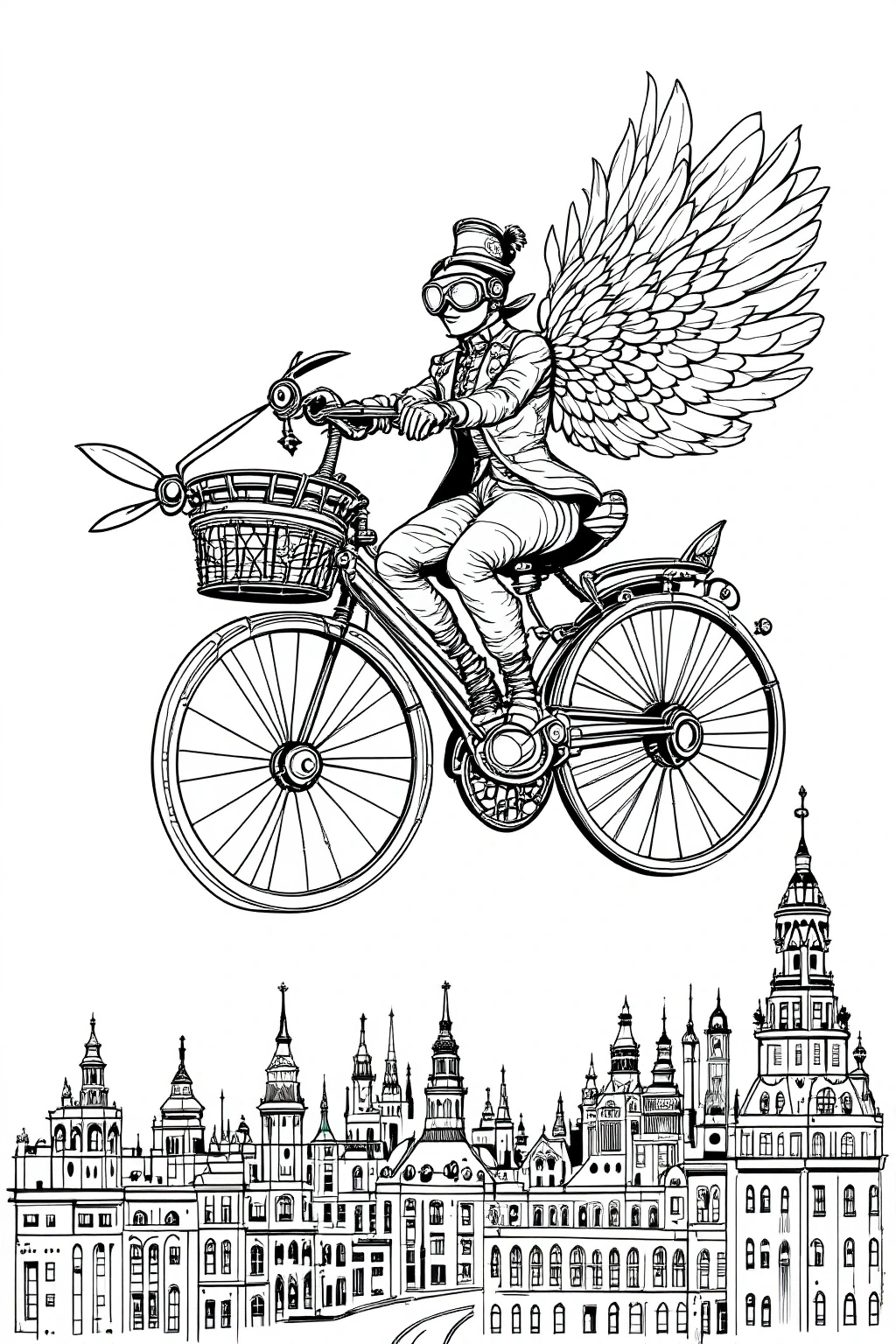 Black and white steampunk illustration of a person with wings riding a flying bicycle over a city skyline; detailed coloring page, kids' coloring page, printable coloring page, coloring sheets