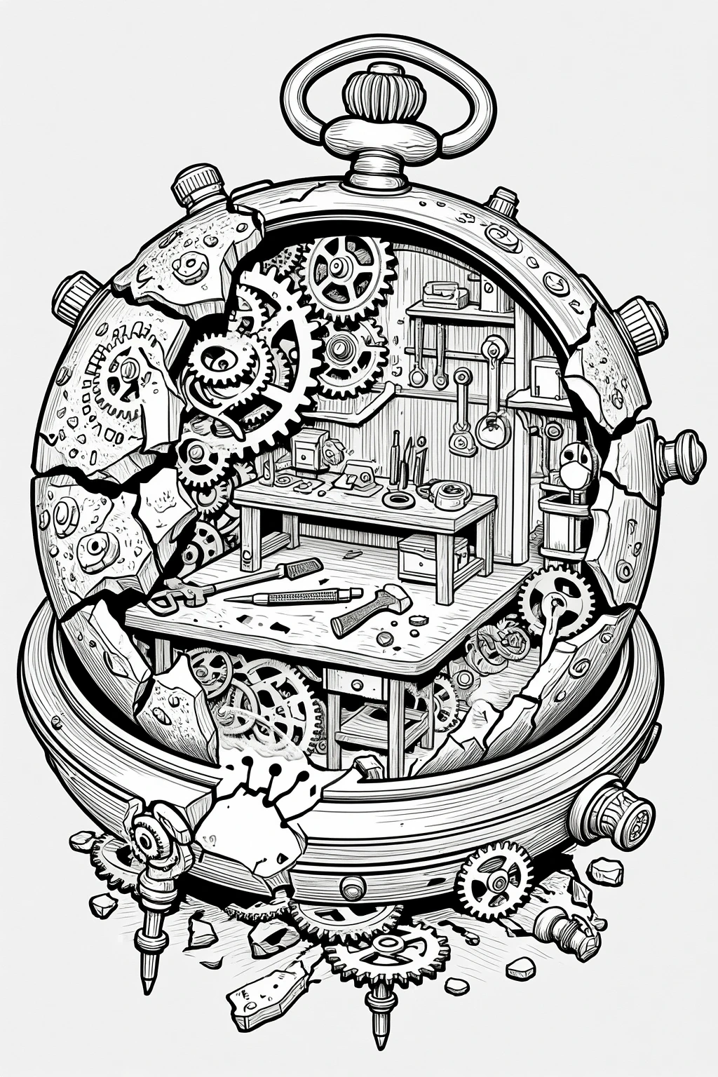 Black and white steampunk clockwork workshop illustration with gears, tools, and a detailed mechanical interior, ideal for detailed coloring page, kids' coloring page, printable coloring page, and