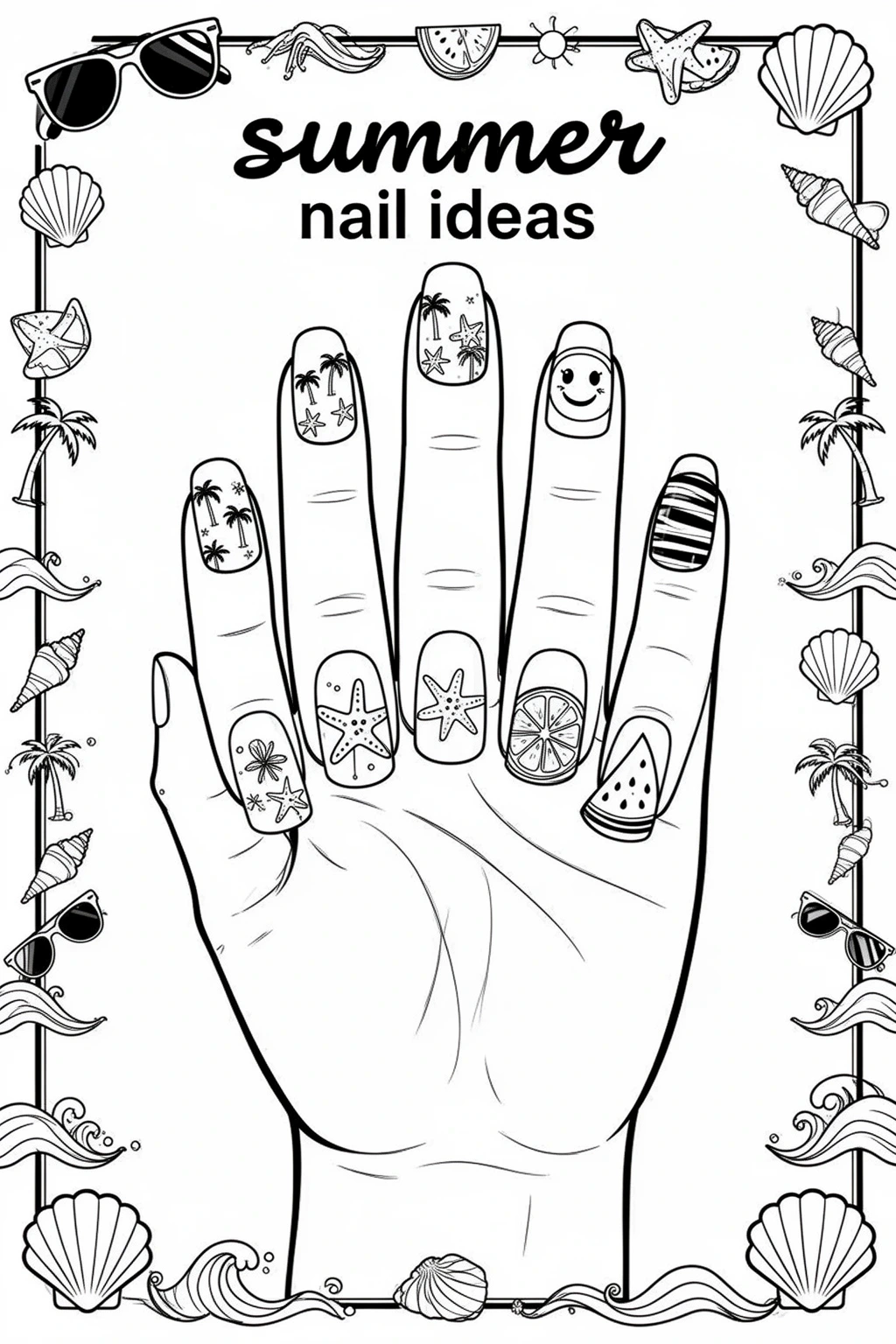 Summer Nail Ideas coloring page: Palm, Citrus & Watermelon Nails.