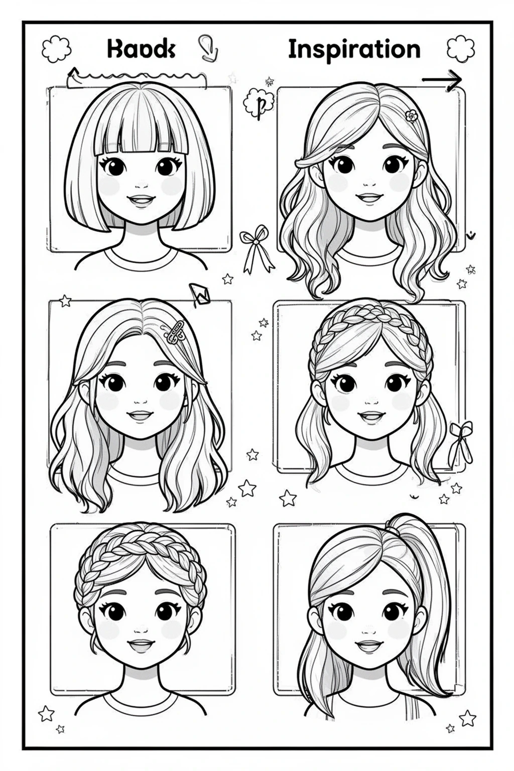 Hairstyles coloring page: Trendy Hair Styles & Braids.