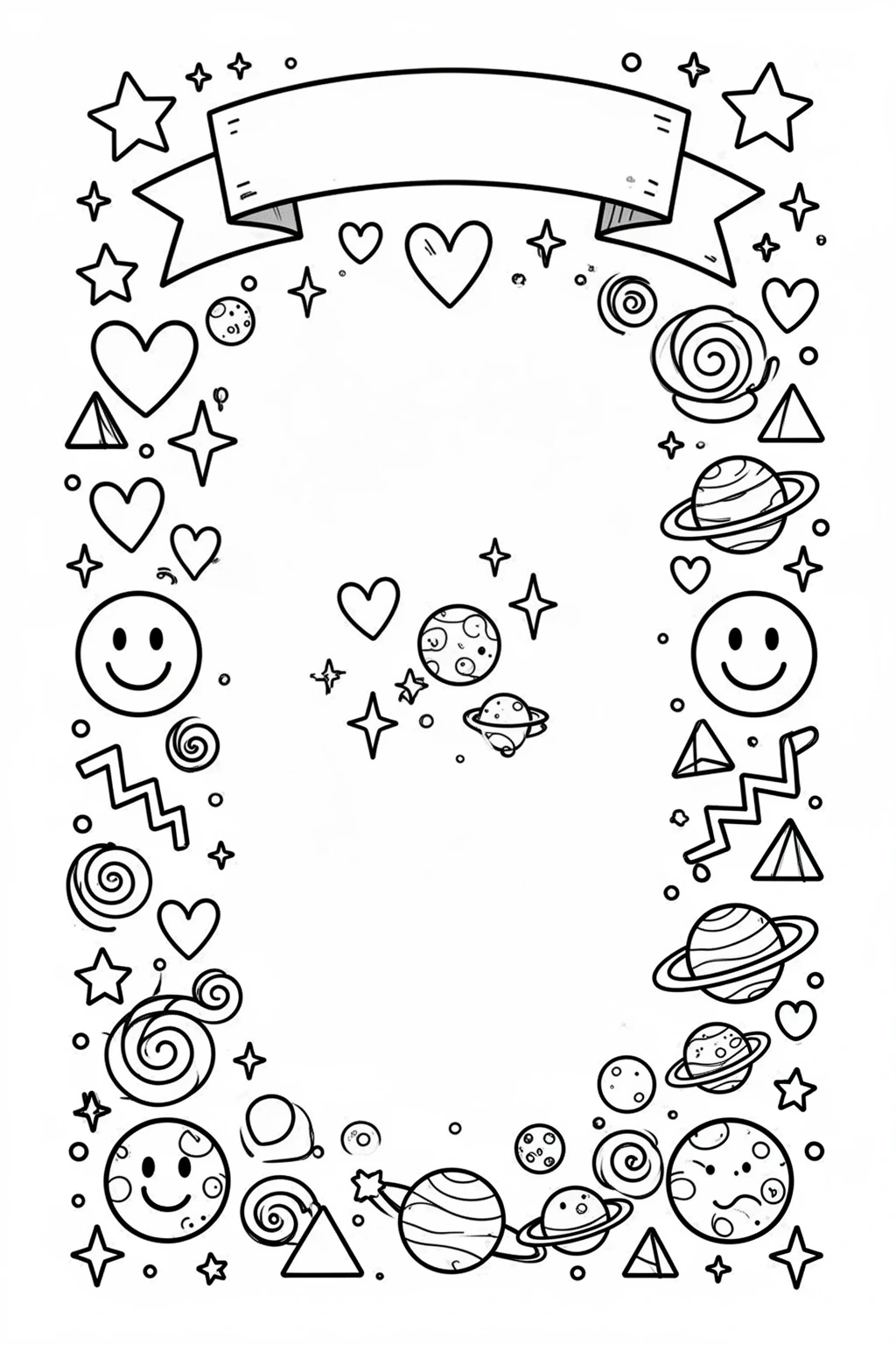 Doodles Galore coloring page: Whimsical Stars & Hearts.