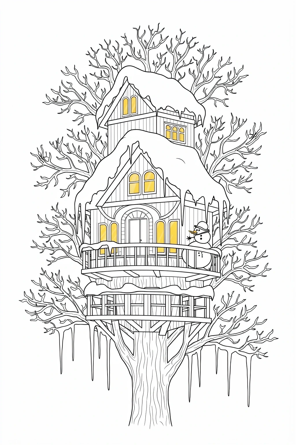 Winter treehouse coloring page with snow-covered roofs, bare branches, icicles, and a small snowman on the balcony.