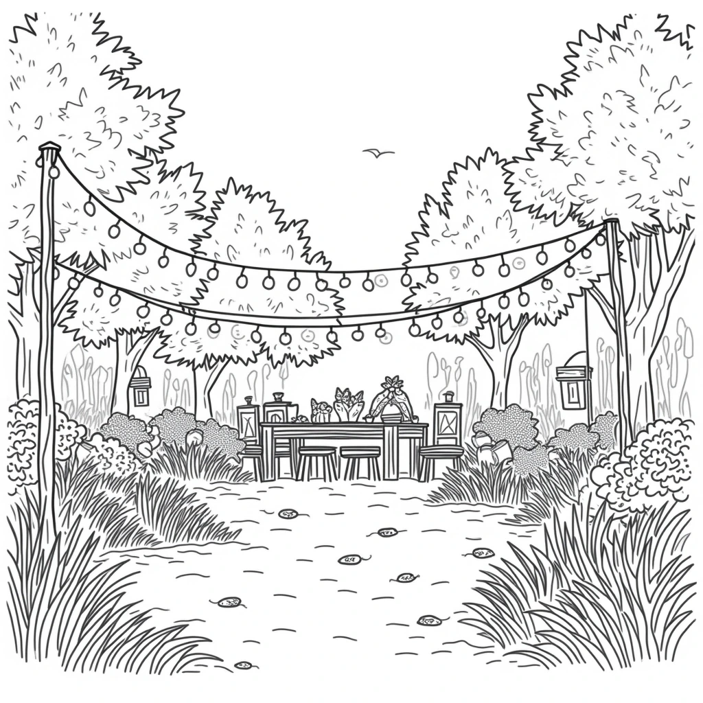 Detailed coloring page of an outdoor garden dinner party with string lights hanging between trees, a table setting, and lush plants and bushes.