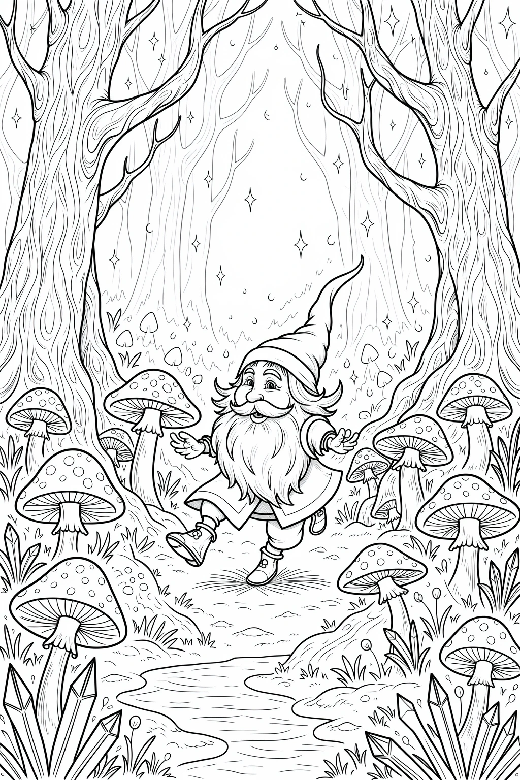 Black and white coloring page of garden gnome standing in a whimsical forest with mushrooms, trees, and a small stream