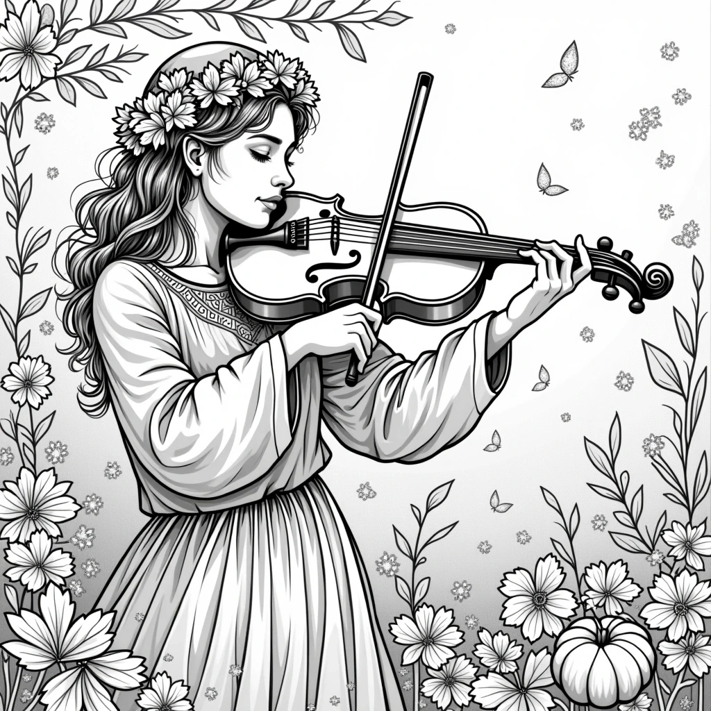 A girl playing the violin surrounded by flowers and decorative leaves in a black-and-white coloring page.