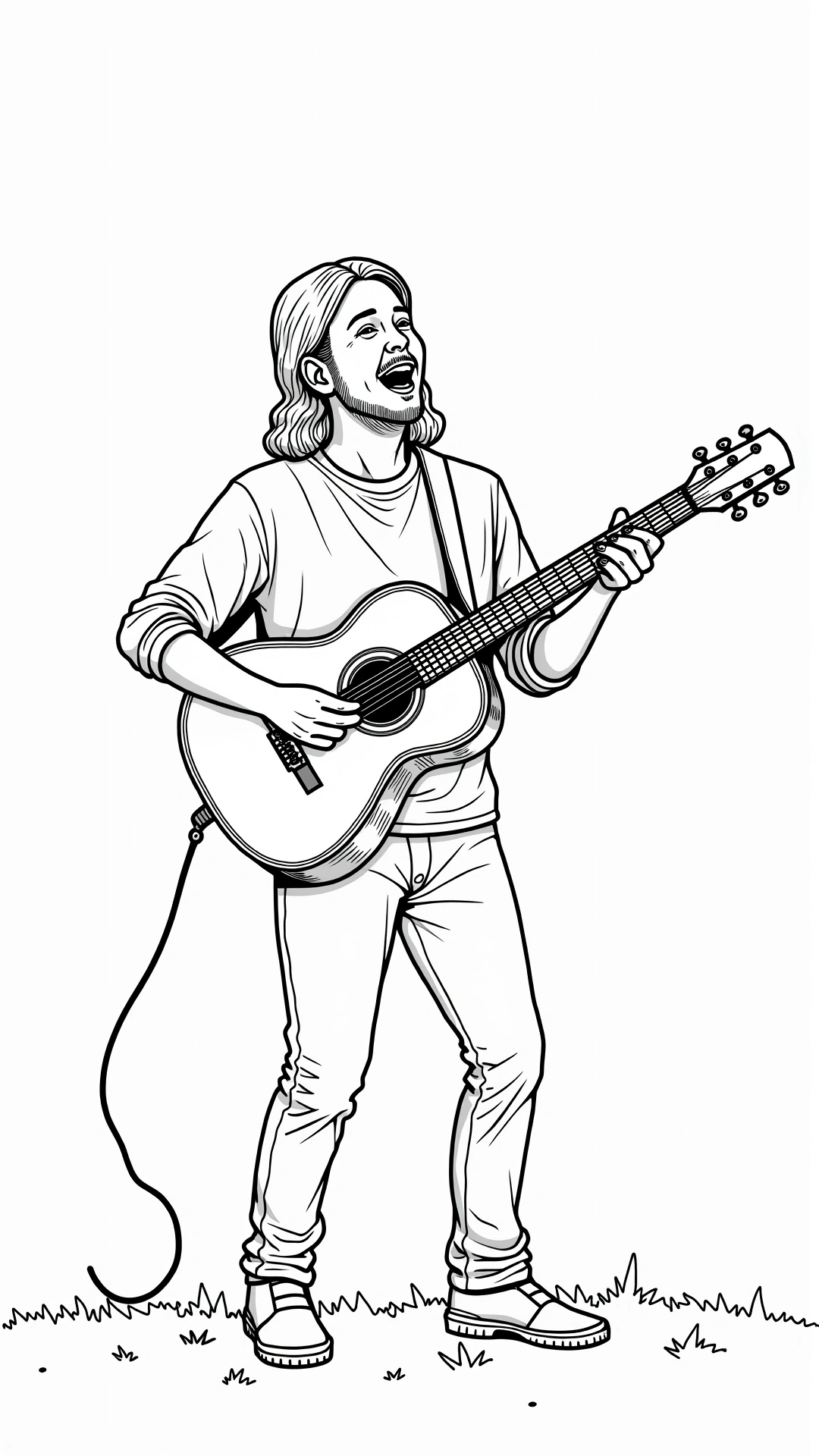 Black and white coloring page of a smiling guitar player singing while standing and playing an acoustic guitar.